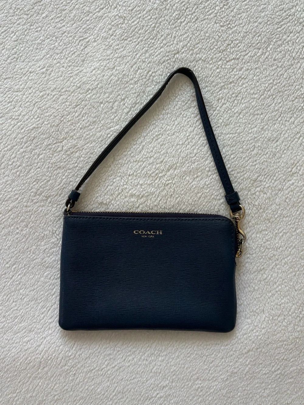 COACH Navy Leather Wristlet with Gold Hardware